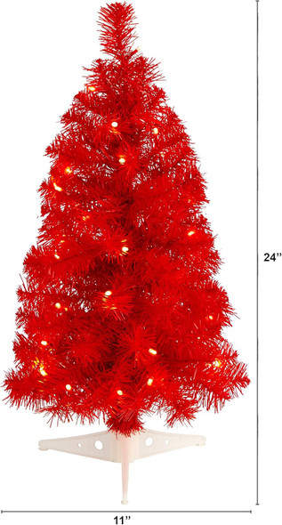 Nearly Natural 2ft. Red Artificial Christmas Tree with 35 LED Lights and 72 Bendable Branches